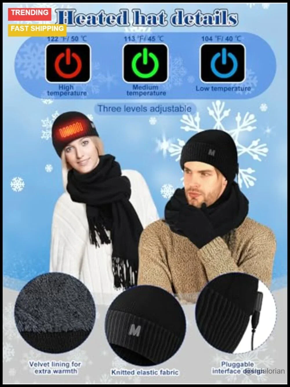 3-Piece USB Heated Hat, Scarf & Gloves Set with 3-Level Temperature, Knitted &